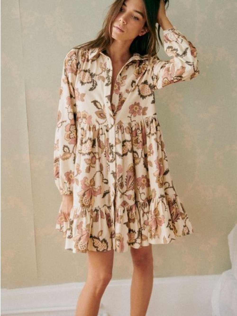 Sezane Cream Floral Tiered Mini Dress with Pink Accents